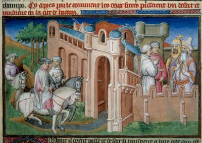 Hermanos Nicolo y Matteo Polo, tío y padre de Marco Polo (1254-1324) llegan a Bukhara, Uzbekistán. Miniatura tomada de "El libro de las maravillas" ("Devisement du monde", "Il Milione") por Marco Polo (1254-1324) ilustrado por el Maestro de Bouci de (and workshop) Boucicaut Master