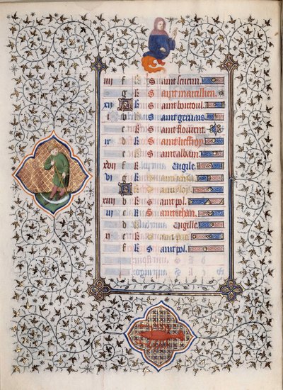 Página del manuscrito Les Très Riches Heures del Duque Francisco de Guisa iluminado por el Maestro de Boucicaut: representación de signos del zodiaco y escenas de la vida cotidiana: cáncer y un hombre con una hoz. Siglo XV. Museo Condé, Chantilly de (and workshop) Boucicaut Master