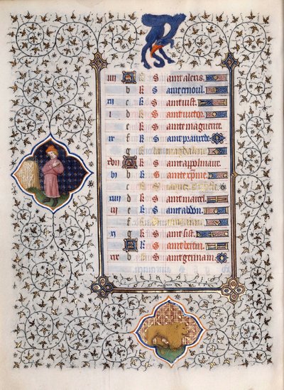 Página del manuscrito Les Très Riches Heures del Duque Francisco de Guisa iluminado por el Maestro de Boucicaut: representación de los signos del zodiaco y escenas de la vida diaria: el león. Siglo XV. Museo Condé, Chantilly de (and workshop) Boucicaut Master