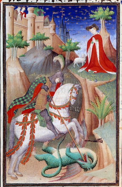 Página del manuscrito Les Très Riches Heures del Duque Francisco de Guisa iluminado por el Maestro de Boucicaut: representación de San Jorge y el Dragón. Siglo XV. Museo Condé, Chantilly de (and workshop) Boucicaut Master
