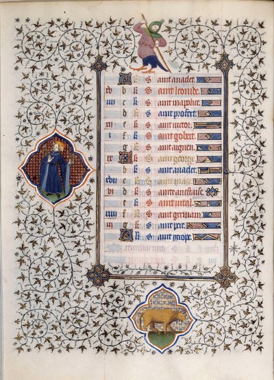 Página del manuscrito "Les Tres Riches Hours du Duke Francois de Guise" iluminado por el Maestro de Boucicaut: representación de los signos del zodiaco y escenas de la vida cotidiana: el toro. Siglo XV. Museo Condé, Chantilly de (and workshop) Boucicaut Master