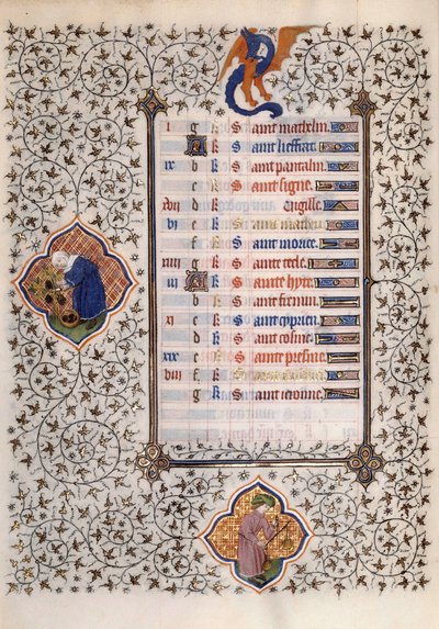 Página del manuscrito “Las Muy Ricas Horas del Duque Francisco de Guisa” iluminado por el Maestro de Boucicaut: representación de los signos del zodiaco y del trabajo agrícola: balanza y cosecha. Siglo XV. Museo Condé, Chantilly de (and workshop) Boucicaut Master