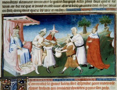 Qubilai (Kubilai Khan, primer emperador de la dinastía mongola Yuan (1215-1294) paga sus compras con monedas de corteza de morera en miniatura tomadas del "Libro de las Maravillas" de Marco Polo de (and workshop) Boucicaut Master