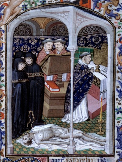 Escena de ceremonia fúnebre y danza macabra. Miniatura del Libro de horas usado en París iluminada por el Atelier du Maitre d Boucicaut, aproximadamente 1415. París, B.N. de (and workshop) Boucicaut Master