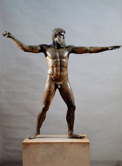 Arte griego: estatua de bronce llamada el dios de Cabo Artemision atribuida al escultor Kalamis (siglo V a.C.), 460 a.C., Dim. 209 cm - Atenas, Museo Arqueológico Nacional (inv. 15161) de (attr. to) Kalamis