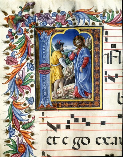 Letra decorada que representa la tentación de Cristo. Miniatura de Liberale da Verona (1445-1529) de un coro (Cod. 20/5. c.45v) de la catedral de Siena. Siglo XV. Catedral (Duomo) de Siena, Italia de (c.1445 1527) Liberale da Verona