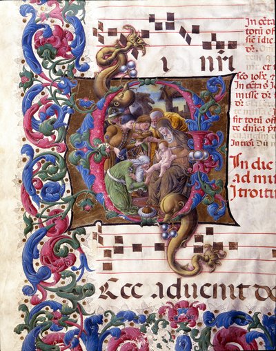 Letra decorada que representa la Adoración de los Magos Miniatura de Liberale da Verona (1445-1529) de un coro (Cod. 24/9. c.67v) de la Catedral de Siena de (c.1445 1527) Liberale da Verona
