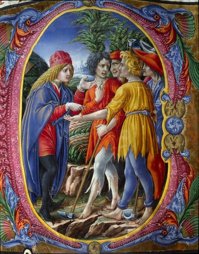 Letra decorada que representa la parábola de los viñadores asesinos (Evangelio según San Mateo Mt 21, 33-43) (La Parábola de los Viñadores) Miniatura de Liberale da Verona (1445-1529) de un coro (Cod. 20/5. c.2.) de la Catedral de Siena. Siglo XV de (c.1445 1527) Liberale da Verona
