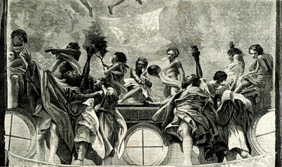 Asunción de la Virgen, detalle del fresco de Correggio (1489-1534), cúpula de la catedral de Parma, Emilia Romaña, Italia, xilografía de Le cento citta d