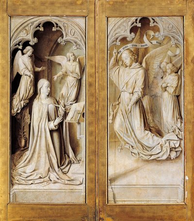 Anunciación en grisalla, alas exteriores del tríptico del retablo (ca 1489-1502) por el Maestro de Moulins, en la Catedral de Notre-Dame, Moulins, Francia de (fl.c.1483 c.1529) Master of Moulins