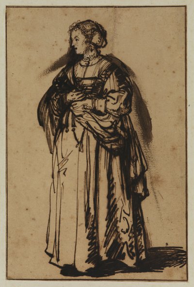 La esposa del artista, Saskia, de pie y con flores en las manos de (workshop of) Rembrandt Harmensz. van Rijn