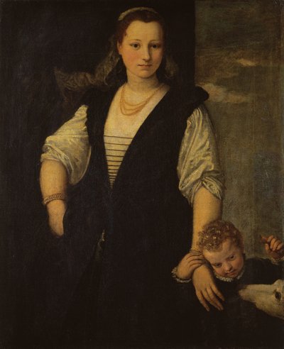 Retrato de una mujer con un niño y un perro de Paolo Veronese