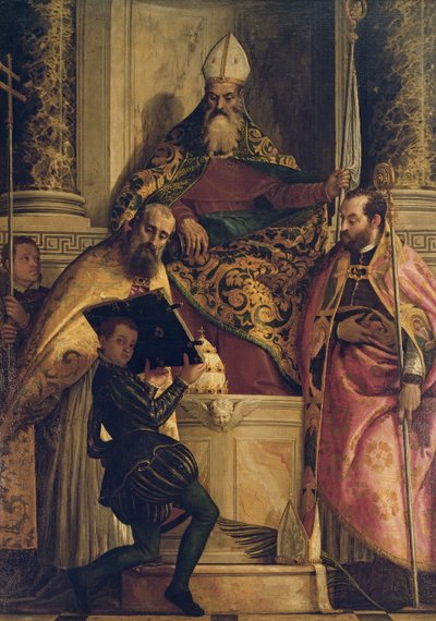 San Antonio Abad con San Cornelio, San Cipriano y un paje de Paolo Veronese