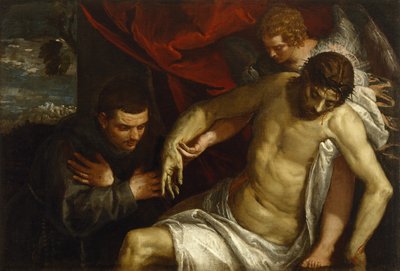 El Cristo muerto sostenido por un ángel y adorado por un franciscano, c.1586-87 de Paolo Veronese