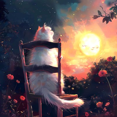 Un gato blanco se sienta en una vieja silla de madera y mira la luna, impresiones artísticas murales de F. Abderrahim