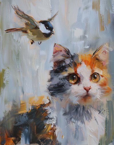 Pintura al óleo abstracta : impresiones artísticas murales de gato y pájaro calicó naranja y gris de F. Abderrahim