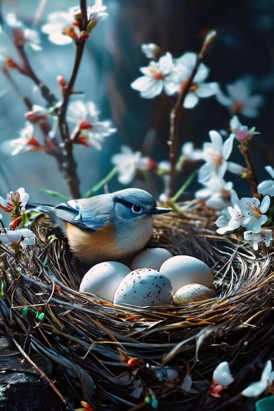 Pájaro incubando huevos rodeado de flores blancas para impresión póster arte de F. Abderrahim