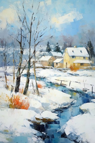 Village in snowy landscape oil painting | Impresiones artísticas de pared Naturaleza de F. Abderrahim