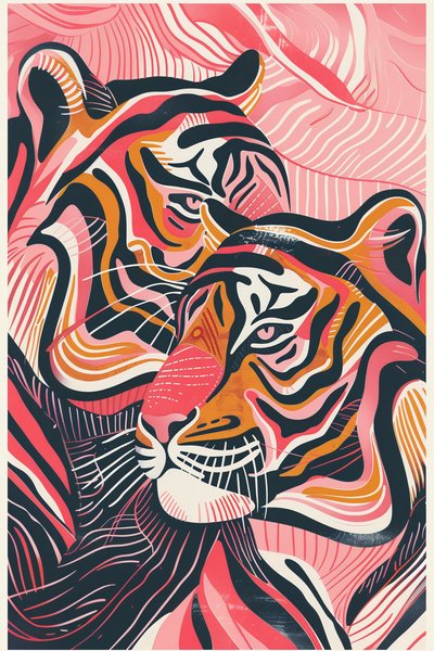 Un tigre rosa rojo y naranja ilustración | póster enmarcado online impresiones artísticas de F. Abderrahim