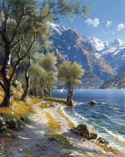 Paisaje de montaña y bosque con un lago tranquilo, impresiones artísticas en línea de F. Abderrahim
