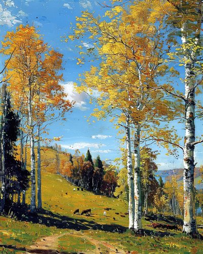Paisaje con un bosque de abedules y follaje vibrante, Decoración de pared para cualquier habitación de F. Abderrahim