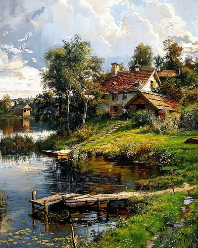 Una casa al borde de un río serpenteante, decoración de pared para dormitorio de F. Abderrahim