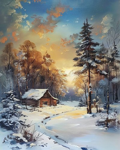 Cabaña en medio de un bosque y la nieve, paisaje de invierno decoración de la pared de F. Abderrahim
