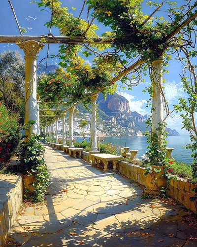 Un magnífico parque romano rodeado de naturaleza junto al mar, ideas de decoración mural de F. Abderrahim
