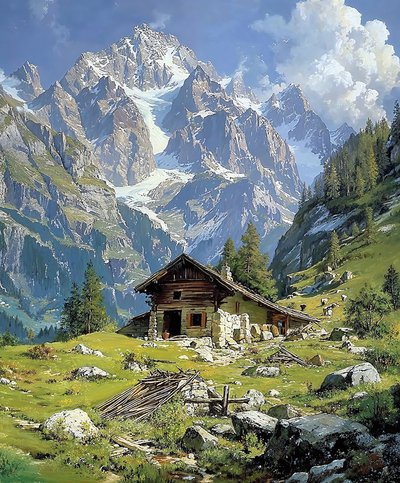 Cabaña de troncos en los Alpes suizos en primavera, decoración de pared para cocina de F. Abderrahim