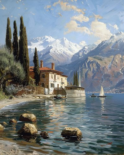 Una casa con vistas a un gran lago junto a una cadena montañosa de F. Abderrahim