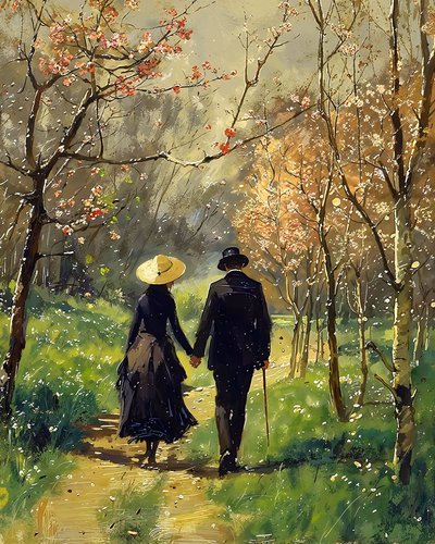 Un hombre y una bella mujer enamorados pasean en medio de un bosque de F. Abderrahim