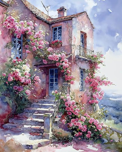 Casa rodeada de plantas trepadoras con flores rojas y rosas de F. Abderrahim