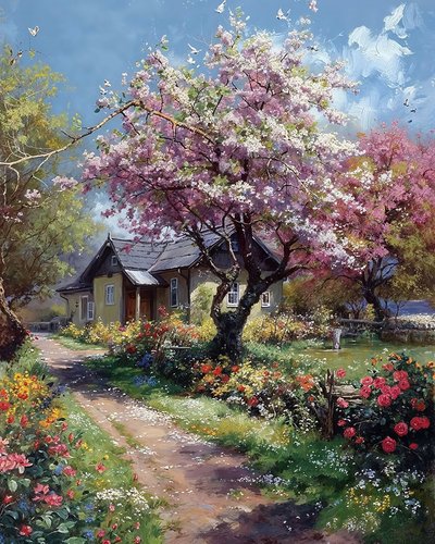 un jardín de casa de campo en primavera, rosas y flores, Wall Decor en venta de F. Abderrahim