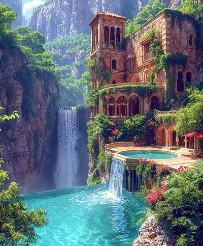 Cascadas en una ciudad surrealista que ilustra la civilización de la Atlántida de F. Abderrahim