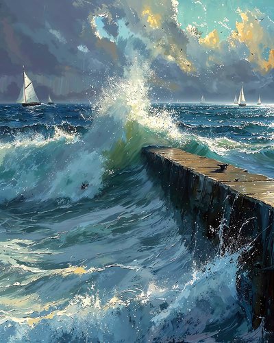 Olas embravecidas y barcos en el horizonte, ideas de decoración de pared de F. Abderrahim