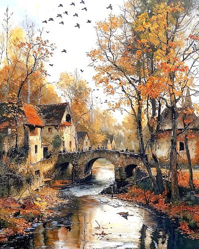 Casa tradicional y puente sobre el río, decoración del marco mural de F. Abderrahim