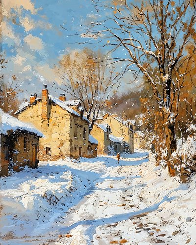 Antiguo pueblo en invierno y nieve, decoración de pared para salón de F. Abderrahim