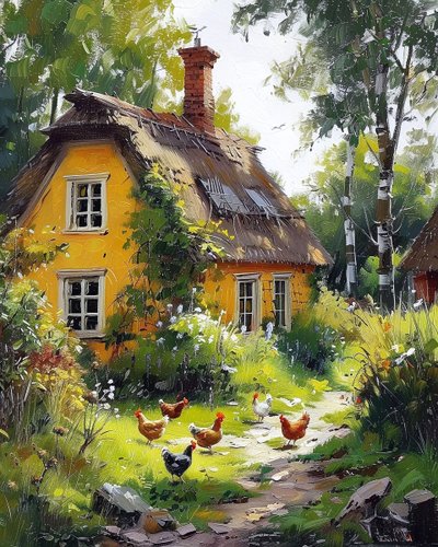 Casa de madera en el campo con huertos en flor, impresiones artísticas online de F. Abderrahim