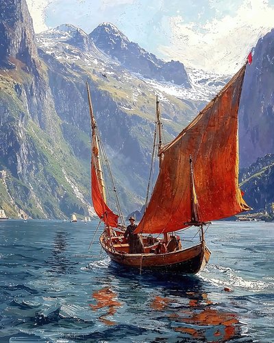 Un velero en un valle entre montañas, Decoración mural enmarcada de F. Abderrahim
