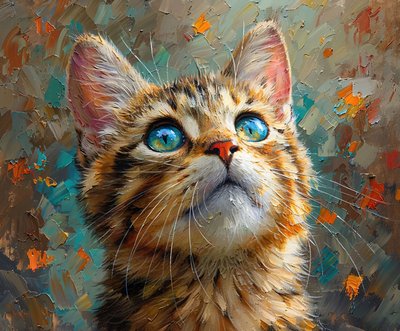 Un lindo gato con ojos azules mirando hacia arriba, de cerca la cara de los animales, decoración de la pared de F. Abderrahim