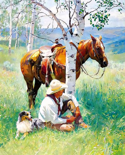 Un caballero y su perro y caballo descansan bajo un árbol, ideas de decoración de pared de F. Abderrahim