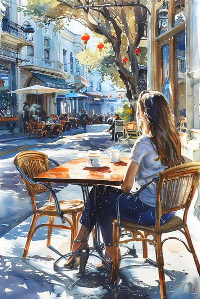 Una mujer sentada en una silla en un café de una calle de París, decoración de pared enmarcada de F. Abderrahim