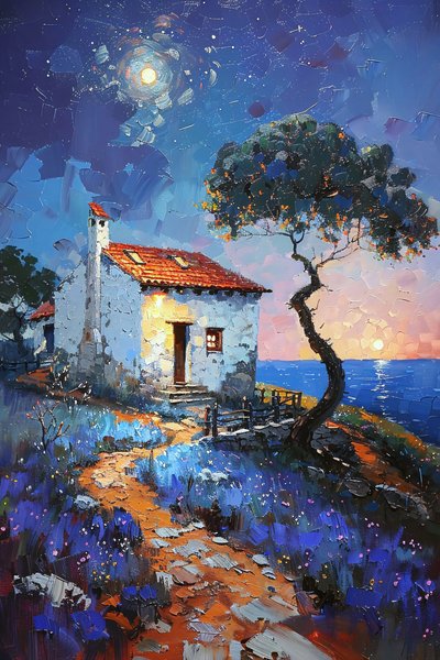 Casa rural con vistas al mar bajo la luz de la luna, paisajes de Portugal de F. Abderrahim
