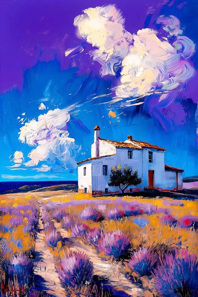 Paisaje de casa de campo, campo de lavanda, cielo azul y nubes blancas de F. Abderrahim