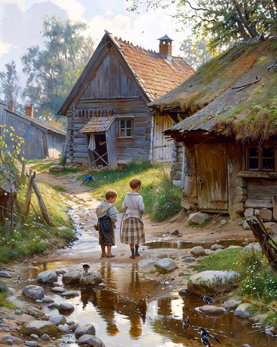 Vida rural cotidiana. Calle de pueblo, niños delante de una cabaña de madera de F. Abderrahim