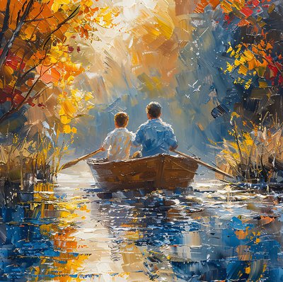 Padre e hijo en un barco navegando por un arroyo, decoración de pared de dormitorio de F. Abderrahim
