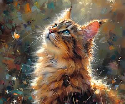 Gato esponjoso mirando hacia arriba, mascota linda pintura realista, decoración de la pared enmarcada de F. Abderrahim
