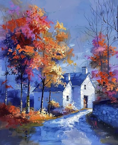 Paisaje pintando granjas y casas de campo en tonos azules fríos de F. Abderrahim