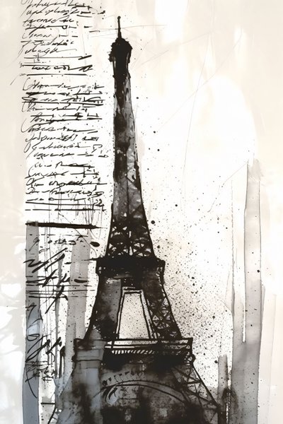 Salpicaduras de pintura negra Torre Eiffel-pintura impresionista, impresión en lienzo enmarcado por encargo de F. Abderrahim