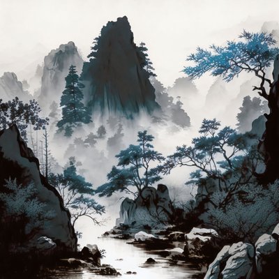 Cianotipo Montaña Río Niebla en estilo Shan Shui, impresiones enmarcadas de decoración de pared de F. Abderrahim